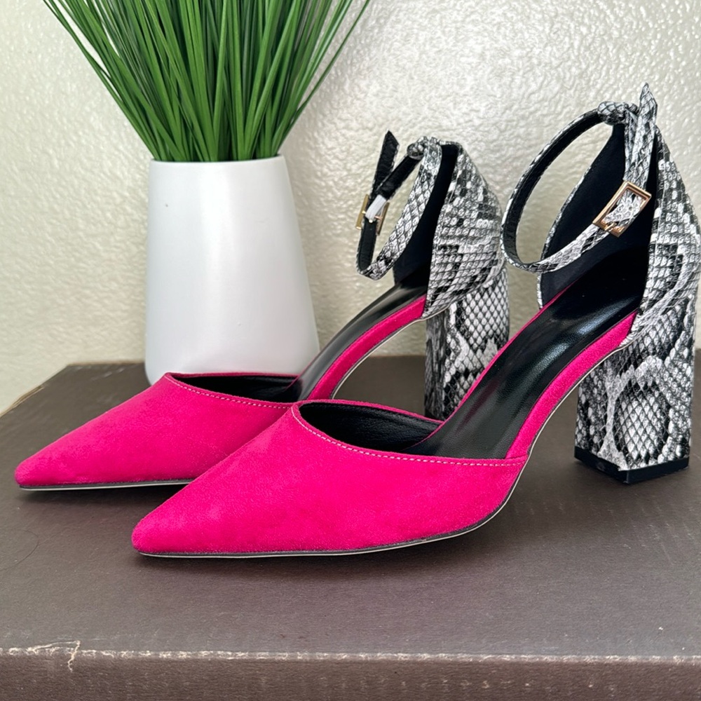 SHEIN | Hot Pink + Snake Print Pointed Toe Chunky Heels